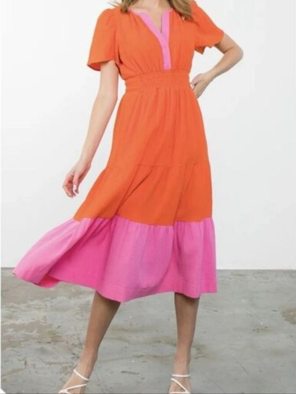 THML Gail Orange And Pink Gauze Colorful Midi Dress Vacation Cruise Beach Size S